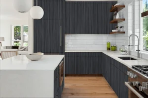 Modern kitchen cabinets featuring NewMika high-pressure laminate woodgrain finish.
