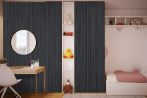 Sleek and modern wall cabinets finished with premium NewMika HPL sheets in a modern interior.