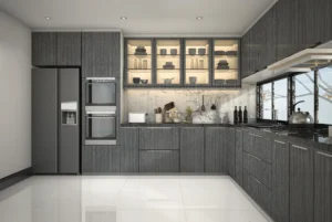 Contemporary smart kitchen featuring minimalist wall cabinets made with sleek NewMika HPL sheets.