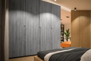 Sleek and modern wall cabinets finished with premium NewMika HPL sheets in a modern interior.