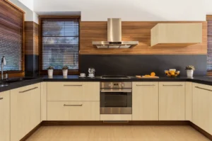 Modern kitchen cabinets featuring NewMika high-pressure laminate woodgrain finish.