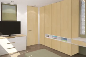 Sleek and modern wall cabinets finished with premium NewMika HPL sheets in a modern interior.