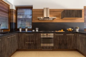 Modern kitchen cabinets featuring NewMika high-pressure laminate woodgrain finish.