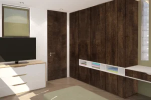 Sleek and modern wall cabinets finished with premium NewMika HPL sheets in a modern interior.