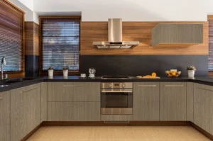 Modern kitchen cabinets featuring NewMika high-pressure laminate woodgrain finish.