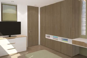 Sleek and modern wall cabinets finished with premium NewMika HPL sheets in a modern interior.