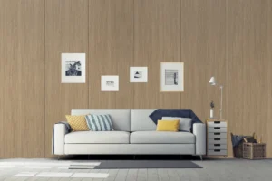 Modern living room feature wall paneled with premium NewMika HPL sheets.