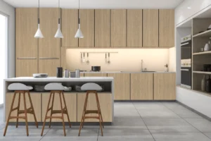 Contemporary smart kitchen featuring minimalist wall cabinets made with sleek NewMika HPL sheets.