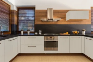 Modern kitchen cabinets featuring NewMika high-pressure laminate woodgrain finish.