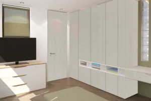 Sleek and modern wall cabinets finished with premium NewMika HPL sheets in a modern interior.