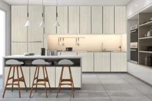 Modern kitchen cabinets featuring NewMika high-pressure laminate woodgrain finish.
