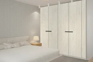 Sleek and modern wall cabinets finished with premium NewMika HPL sheets in a modern interior.