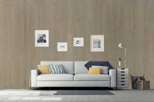 Modern living room feature wall paneled with premium NewMika HPL sheets.