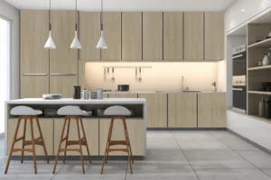 Modern kitchen cabinets featuring NewMika high-pressure laminate woodgrain finish.
