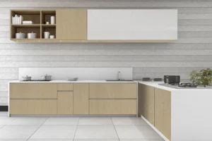 Modern kitchen cabinets featuring NewMika high-pressure laminate woodgrain finish.