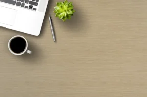 Contemporary office desk with a scratch-resistant NewMika high-pressure laminate tabletop.