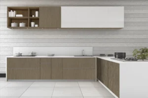 Modern kitchen cabinets featuring NewMika high-pressure laminate woodgrain finish.