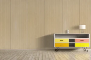 Modern living room feature wall paneled with premium NewMika 3231 White Oak SUD HPL sheets.