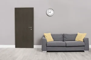 High-pressure laminate interior door from New Mika 3249 Lakari Grey SUD HPL, showcasing a sleek wood finish and durable scratch-resistant surface, suitable for residential or commercial use.