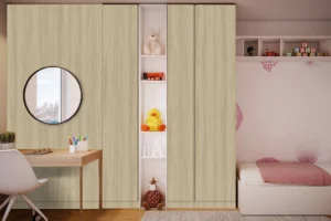Wall cabinet constructed with New Mika HPL, showcasing the material's clean, durable surface suitable for bedroom storage.