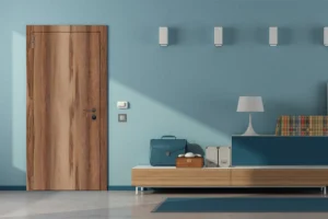 High-pressure laminate interior door from New Mika 3257 Sonora Hickory CFD HPL, showcasing a sleek wood finish and durable scratch-resistant surface, suitable for residential or commercial use.