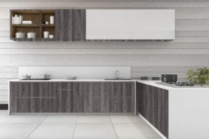 Modern kitchen cabinet made with New Mika 3258 Ronan Oak SUD HPL, featuring a premium laminate finish that is durable, moisture-resistant, and easy to maintain.
