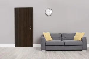 Heavy-duty commercial interior door featuring a scratch-resistant NewMika 3287 Fine Walnut SUD high-pressure laminate surface.