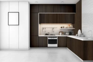 Modern kitchen cabinets featuring NewMika 3287 Fine Walnut SUD high-pressure laminate woodgrain finish.