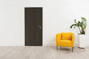 High-pressure laminate interior door from New Mika 3288 Wild Walnut CHW HPL, showcasing a sleek wood finish and durable scratch-resistant surface, suitable for residential or commercial use.