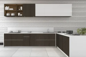 Modern kitchen cabinet made with New Mika 3288 Wild Walnut CHW HPL, featuring a premium laminate finish that is durable, moisture-resistant, and easy to maintain.