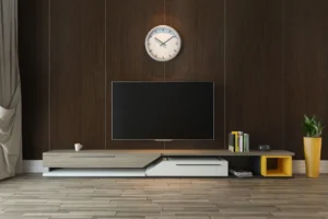 Feature wall clad in New Mika 3288 Wild Walnut SUD HPL, showcasing a sophisticated wood-grain texture and a premium matte finish that creates a stylish, modern interior focal point.