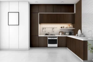 New Mika 3288 Wild Walnut SUD HPL kitchen cabinet design featuring a premium decorative finish, designed for modern, durable, and easy-to-maintain kitchen interiors.