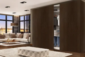 Wall cabinet constructed with New Mika High-Pressure Laminate (HPL), showcasing the material's clean, durable surface suitable for bedroom storage.