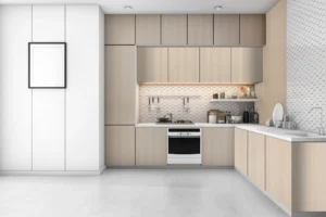 High-pressure laminate kitchen cabinet from New Mika 3294 Sunbleached Walnut NGL HPL, showcasing a sophisticated surface with a realistic wood-grain, solid color, or stone-effect finish. The HPL surface provides scratch resistance, heat resistance, antibacterial properties, and easy cleanability, making it ideal for residential and commercial kitchen applications.