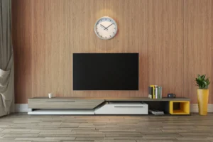 Modern living room feature wall paneled with premium NewMika 3296 Summer Walnut NGL HPL sheets.