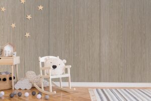 Modern living room feature wall paneled with premium NewMika 3304 Elite Ash SUEDE HPL sheets.