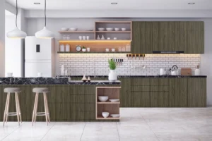 New Mika 3333 Novel Elm CHISELED WOOD HPL kitchen cabinet design featuring a premium decorative finish, designed for modern, durable, and easy-to-maintain kitchen interiors.