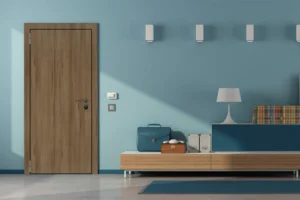Heavy-duty commercial interior door featuring a scratch-resistant NewMika 3335 Plush Wood NOVOL GLOSS high-pressure laminate surface.