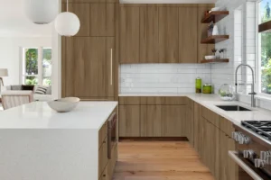 Contemporary smart kitchen featuring minimalist wall cabinets made with sleek NewMika 3335 Plush Wood NOVOL GLOSS HPL sheets.