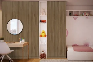 Modern wall cabinet made with New Mika 3335 Plush Wood NOVOL GLOSS HPL laminate in a sleek wood-grain finish, featuring full-height storage and a contemporary bedroom interior design.