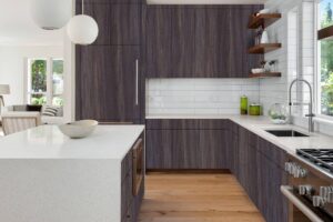 Modern kitchen cabinet made with New Mika 3338 Indigo Elm NGL HPL, featuring a premium laminate finish that is durable, moisture-resistant, and easy to maintain.