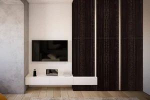 Modern wall cabinet made with New Mika 3398 Gold Flash NGL HPL laminate in a sleek wood-grain finish, featuring full-height storage and a contemporary bedroom interior design.
