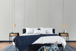 Feature wall clad in New Mika 3503 Pearl White PAINTED WOOD HPL, showcasing a sophisticated wood-grain texture and a premium matte finish that creates a stylish, modern interior focal point.