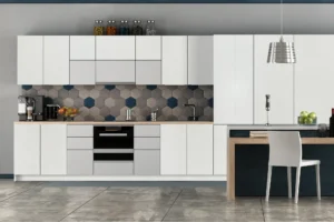 Kitchen cabinet design by New Mika 503 Pearl White PAINTED WOOD HPL featuring a premium decorative finish, designed for modern, durable, and easy-to-maintain kitchen interiors.