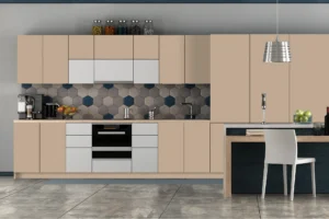 Kitchen cabinet design by New Mika 3521 Khaki NOVOL GLOSS HPL featuring a premium decorative finish, designed for modern, durable, and easy-to-maintain kitchen interiors.