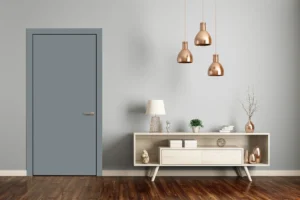 Heavy-duty commercial interior door featuring a scratch-resistant NewMika 3551 Silver SUEDE high-pressure laminate surface.