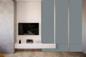 Sleek and modern wall cabinets finished with premium NewMika 3551 Silver SUEDE HPL sheets in a modern interior.