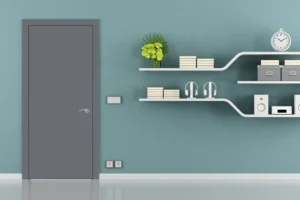 Heavy-duty commercial interior door featuring a scratch-resistant NewMika 3560 Fashion Grey SUEDE high-pressure laminate surface.