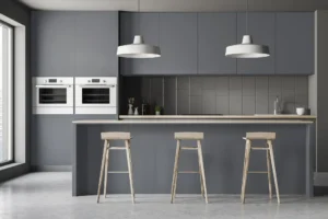 Contemporary smart kitchen featuring minimalist wall cabinets made with sleek NewMika 3560 Fashion Grey SUEDE HPL sheets.