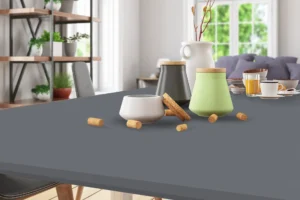 New Mika 3560 Fashion Grey SUEDE HPL tabletop featuring a premium decorative finish, designed for durability and style in residential or commercial settings.